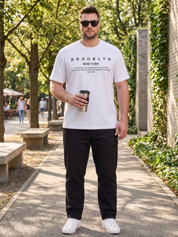 Plus Size Men's Text Printed Cotton T-Shirt