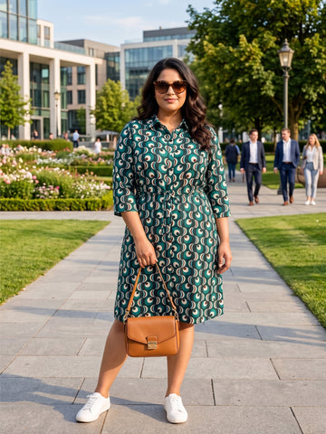 Plus Size Women Printed Midi Shirt Dress