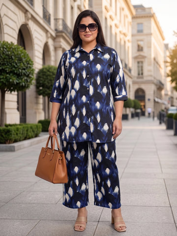Plus Size Women’s Printed Shirt-Style Premium Crepe Fabric Co-Ords Set Sizes 3XL to 8XL