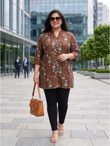 Plus Size Women's Printed Polyester 3/4 Sleeves V-Neck Tunic Sizes 3XL to 8XL