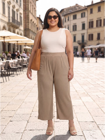 Plus Size Women's Solid Ribbed Stretch Palazzo with Elastic Waistband Nylon Elastane Fabric| Sizes 3XL-8XL