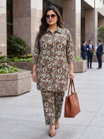 Plus Size Women’s Printed Shirt-Style Premium Crepe Fabric Co-Ords Set Sizes 3XL to 8XL