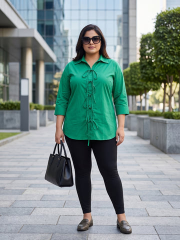 Plus Size Women's Front Tie-Up Collared 3/4th Sleeve Pure Cotton Shirt | Sizes 3XL to 8XL