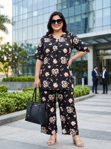 Plus Size Women's Printed V-Neck 3/4 Sleeve Top with Palazzo Co-ord Set |Sizes 3XL to 8XL