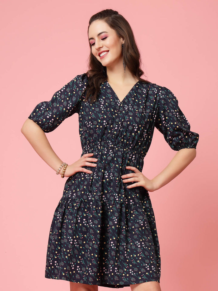 Black  Blue Floral Printed V-Neck Puff Sleeves Gathered A-Line Dress