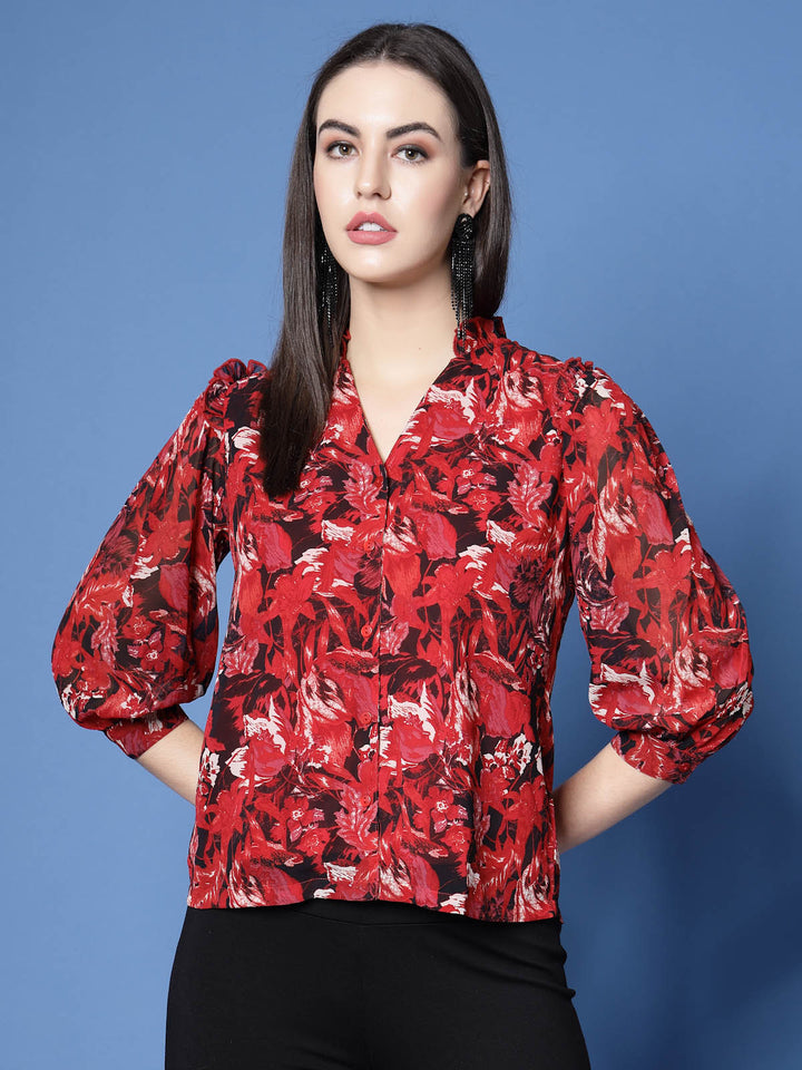 Red Floral Printed Mandarin Collar Ruffled Shirt Style Top