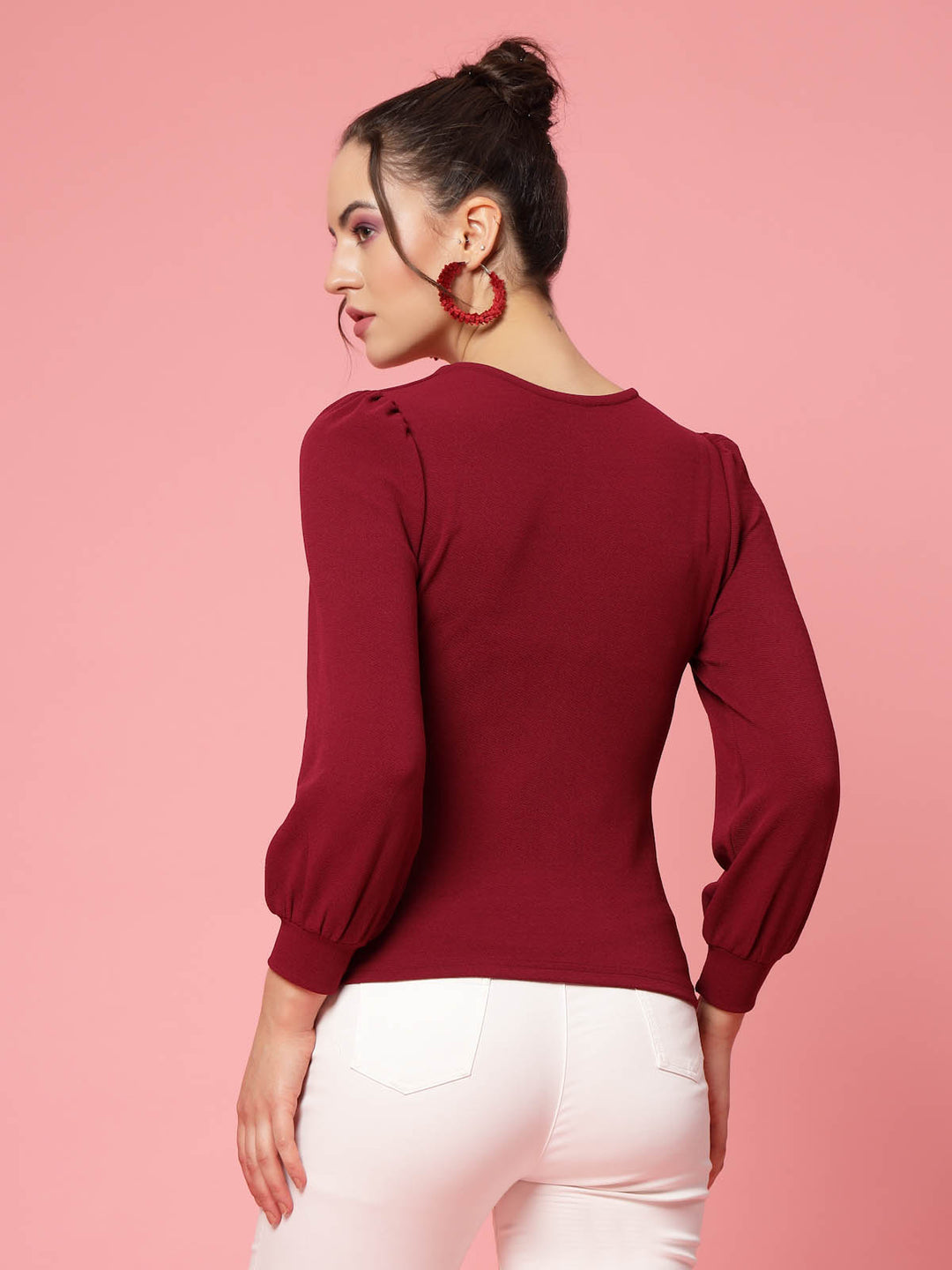 Maroon Cuffed Sleeves Fitted Top