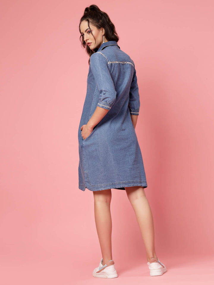 Blue Shirt Collar Denim Shirt Style Dress