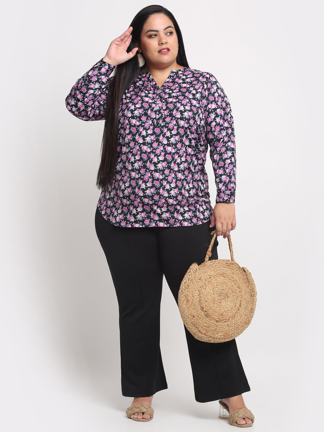 Plus Size Black  Purple Floral Print Mandarin Collar Roll-Up Sleeves Top