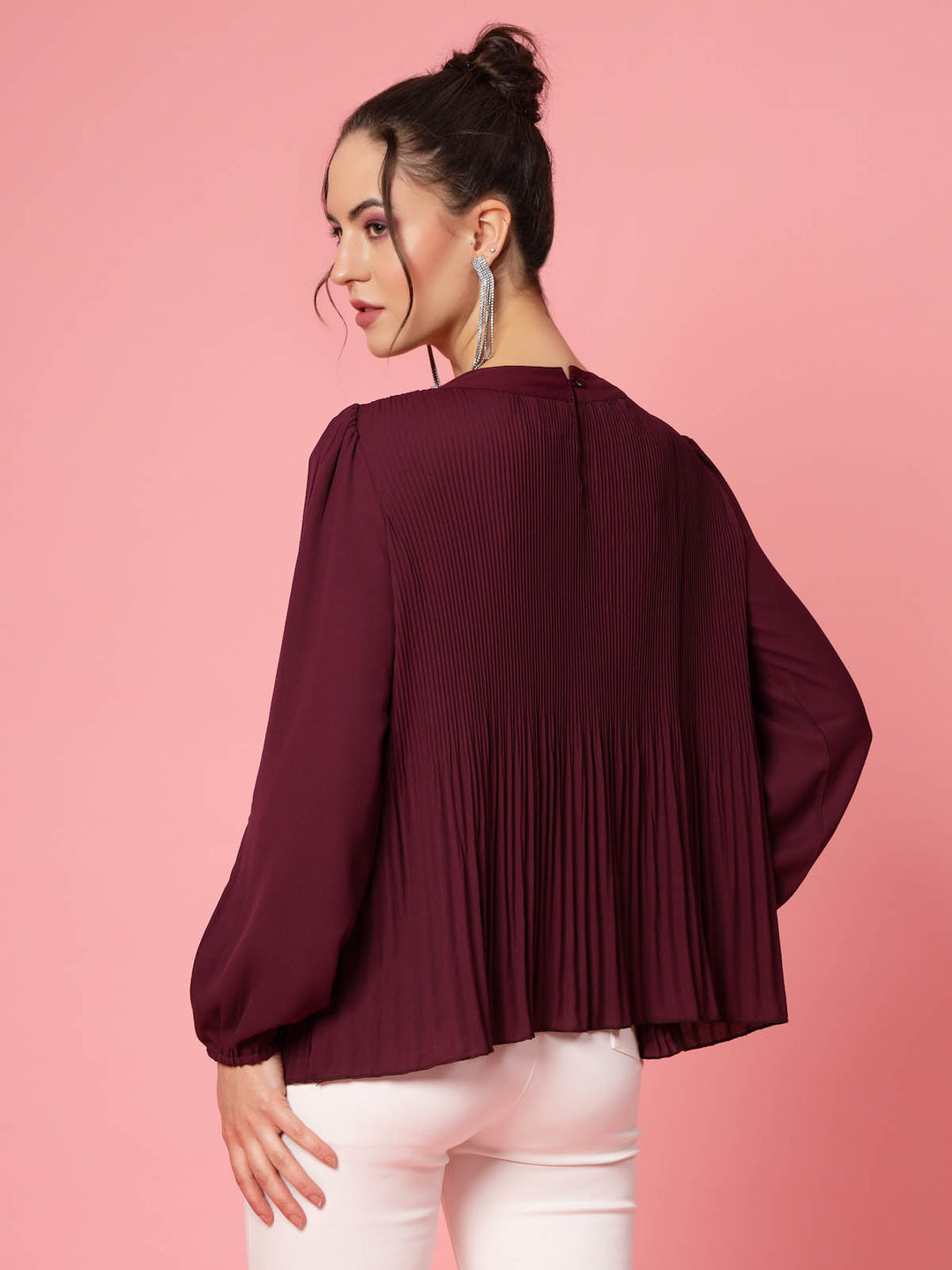 Burgundy Puff Sleeves Accordion Pleats Regular Top