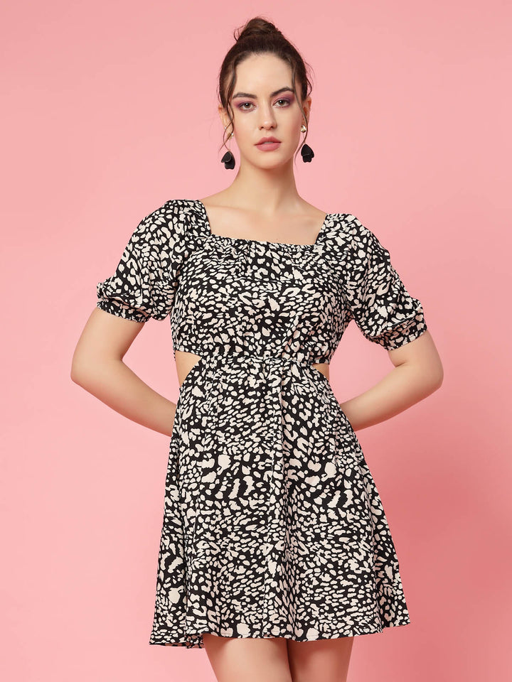 Black Abstract Printed Cut-Out A-Line Dress