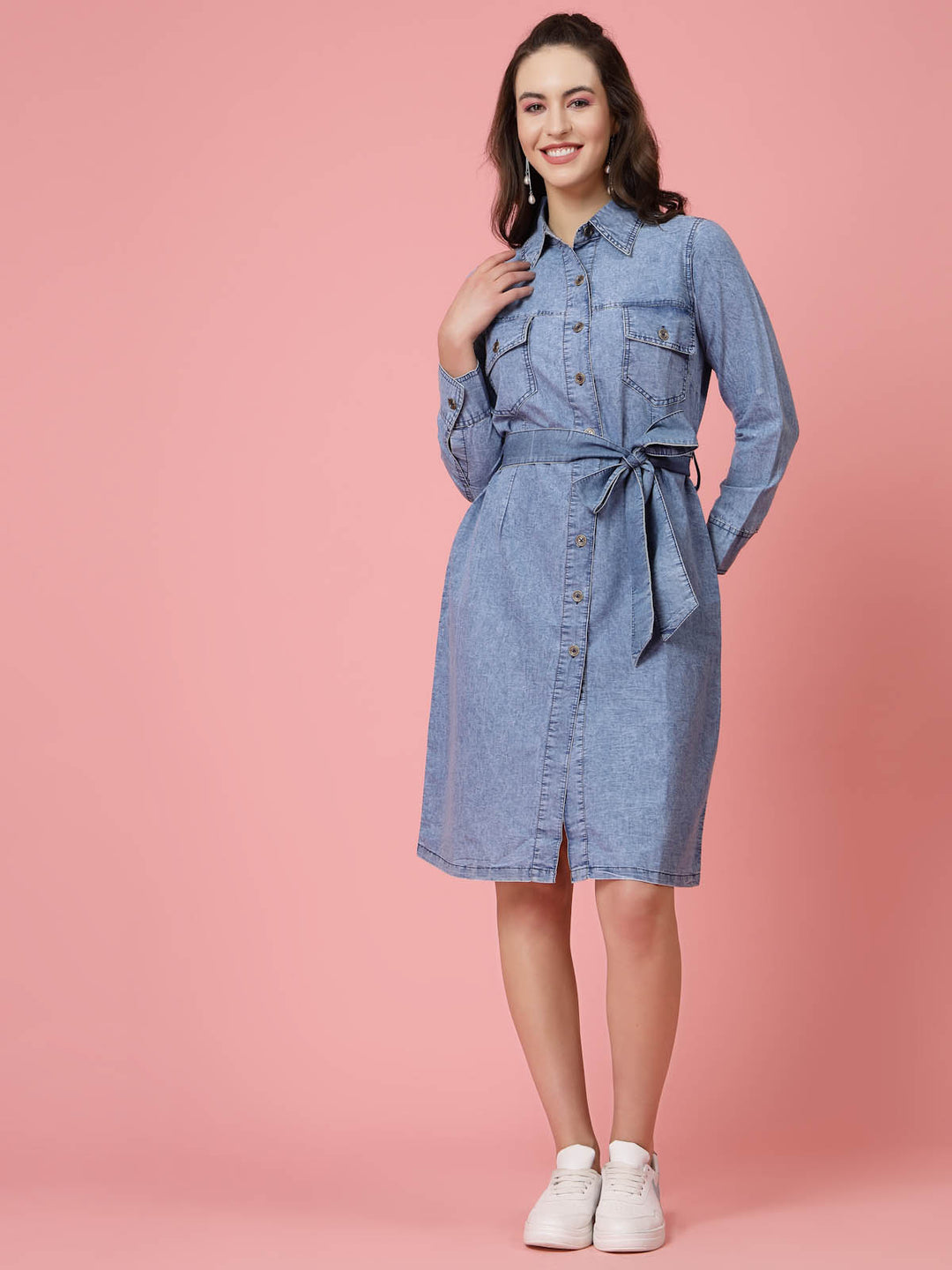 Blue Shirt Collar Belted Cotton Shirt Dress