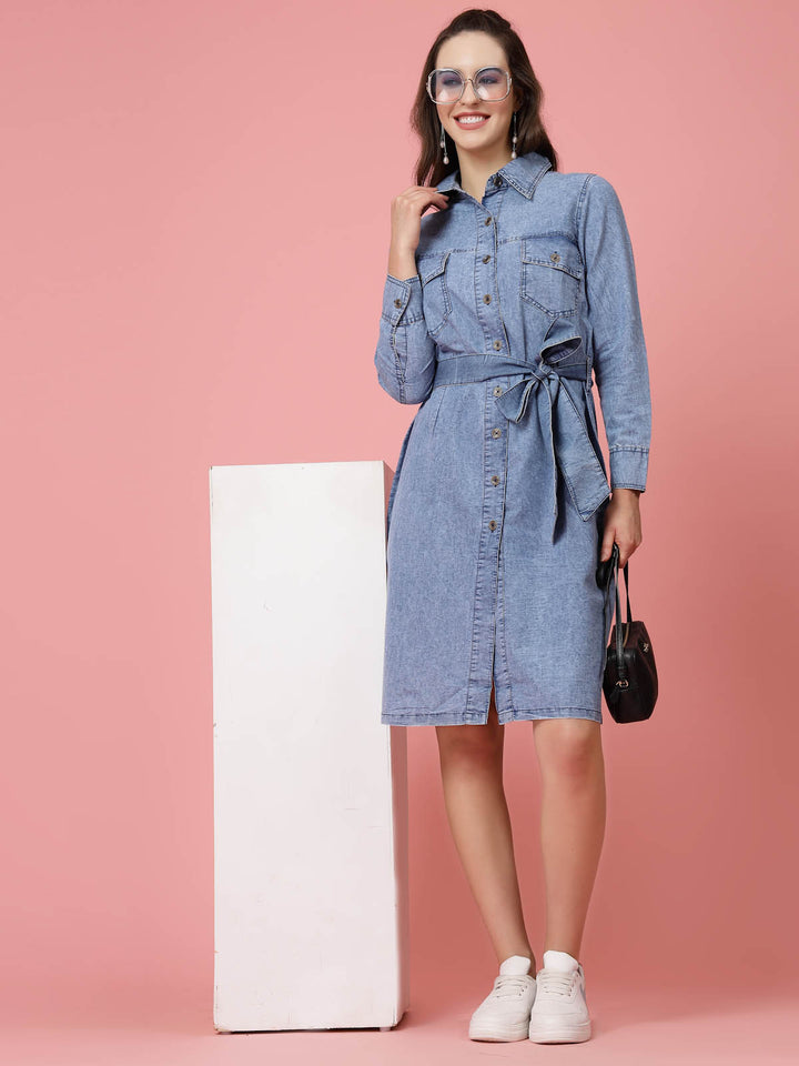 Blue Shirt Collar Belted Cotton Shirt Dress