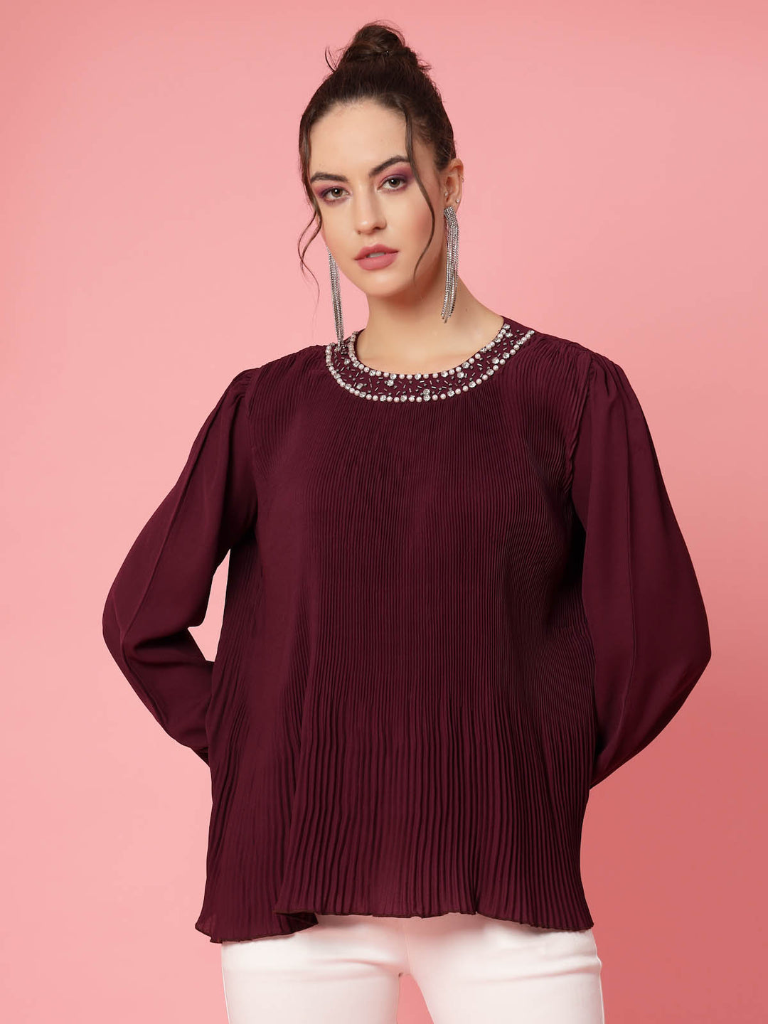 Burgundy Puff Sleeves Accordion Pleats Regular Top