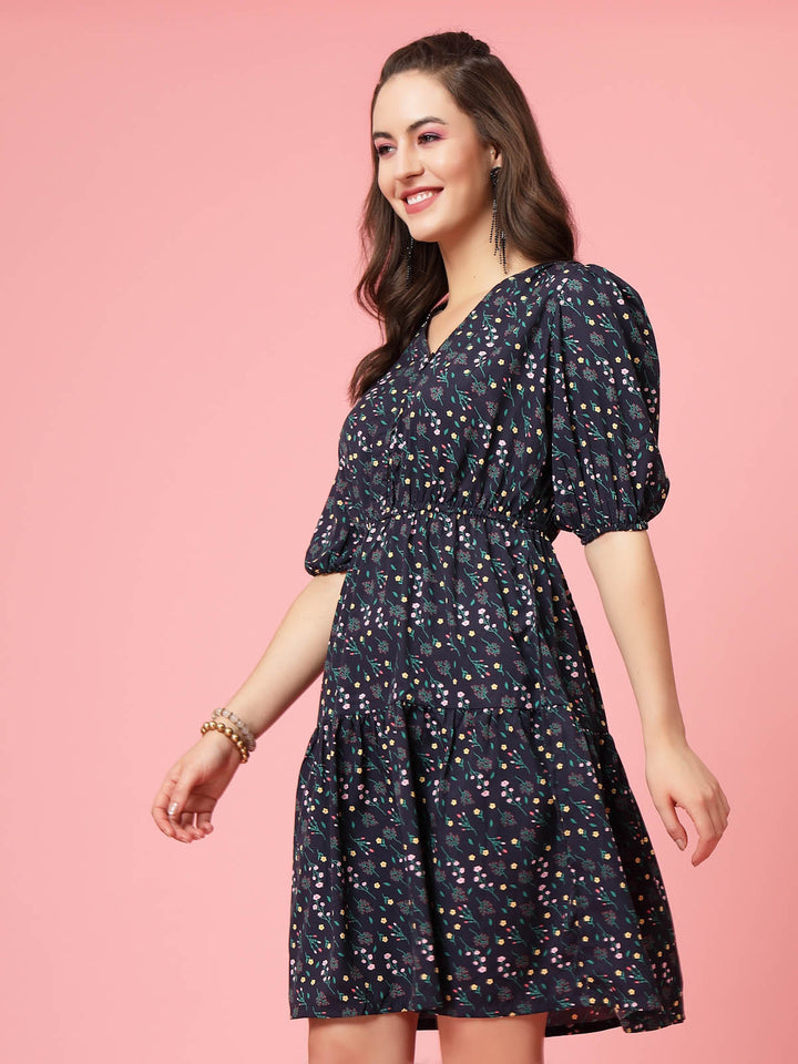 Black  Blue Floral Printed V-Neck Puff Sleeves Gathered A-Line Dress