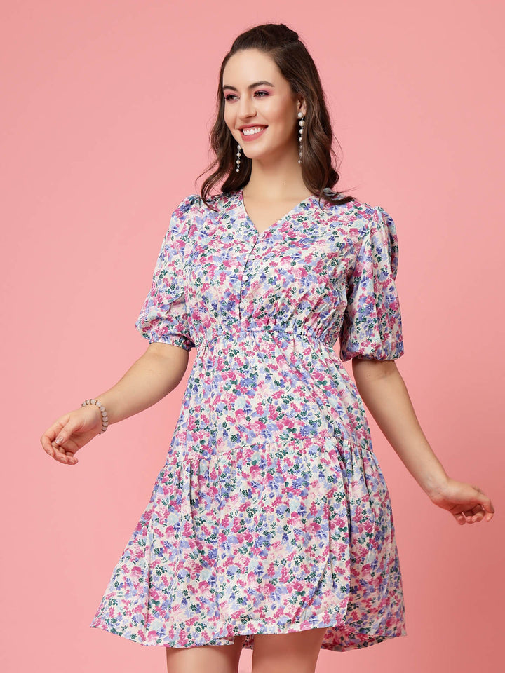 White Floral Printed V-neck Gathered Tiered Fit  Flare Dress