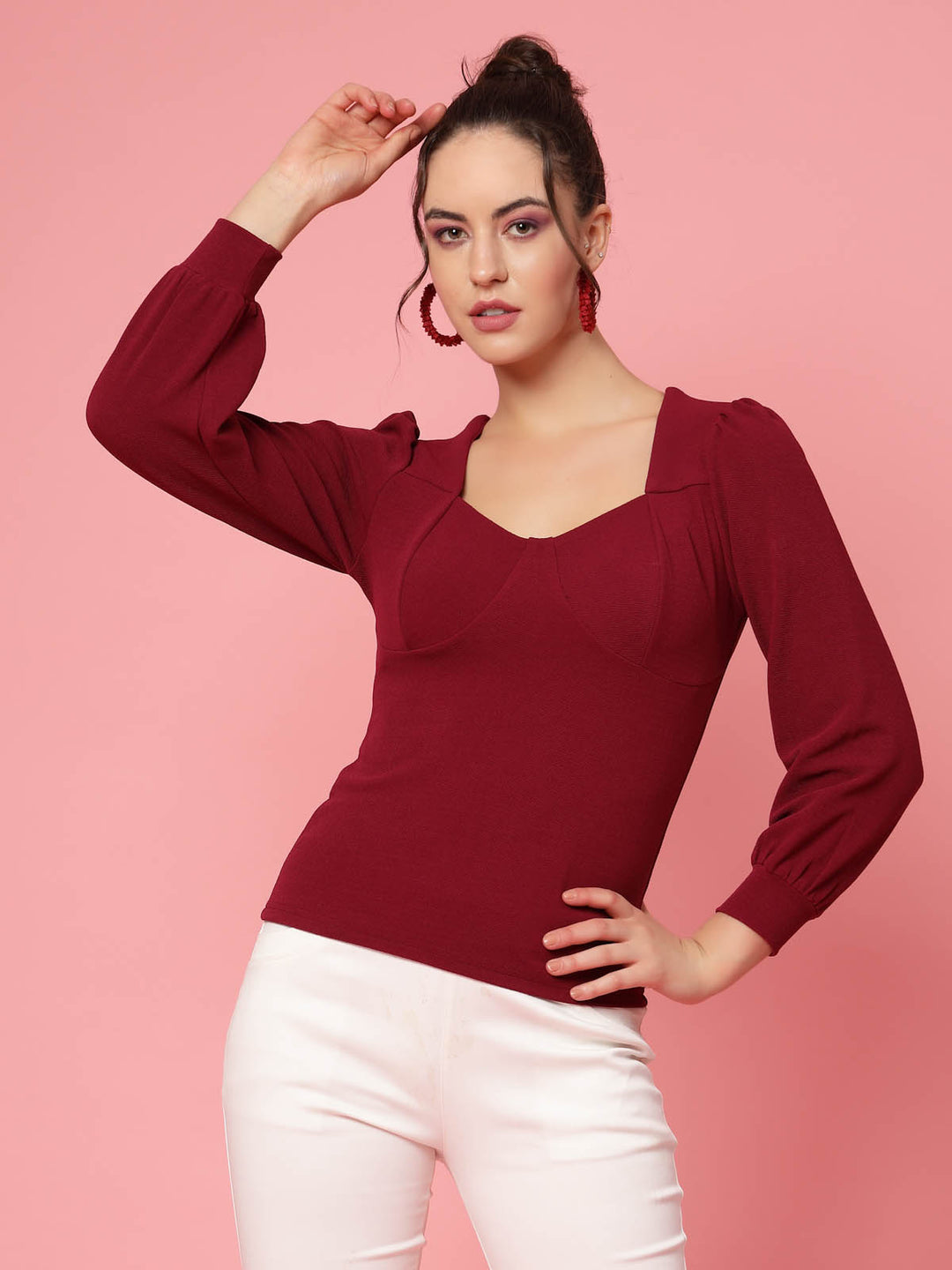 Maroon Cuffed Sleeves Fitted Top