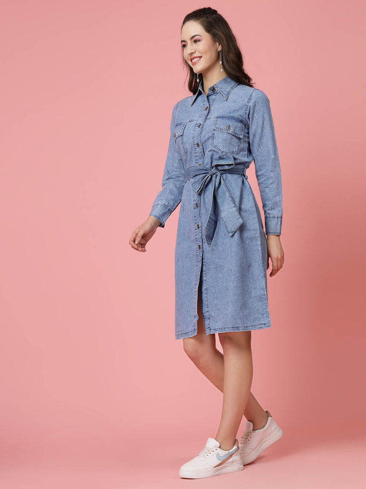 Blue Shirt Collar Belted Cotton Shirt Dress