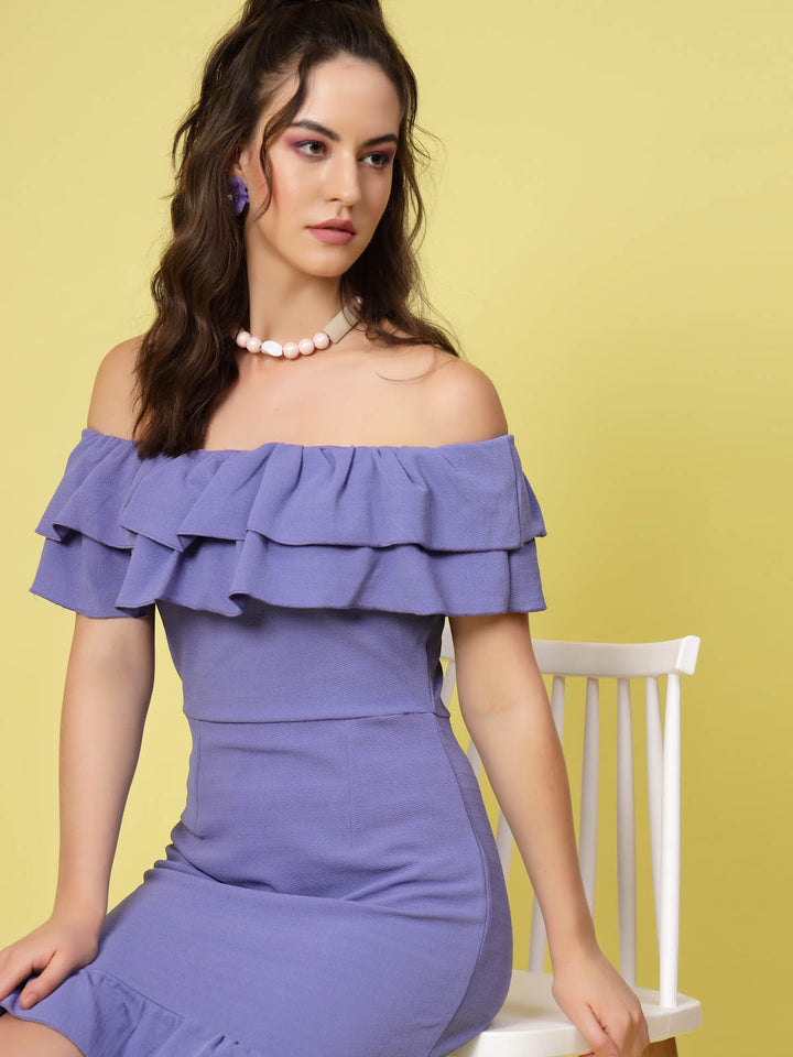 Purple Off-Shoulder Neck Ruffled Sheath Dress