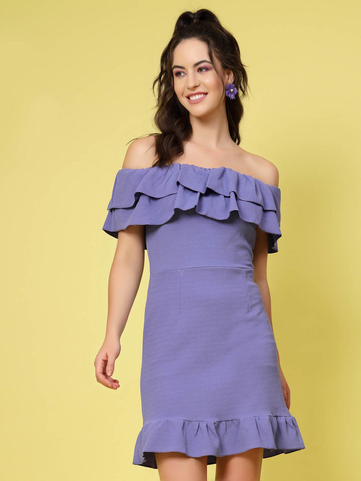 Purple Off-Shoulder Neck Ruffled Sheath Dress