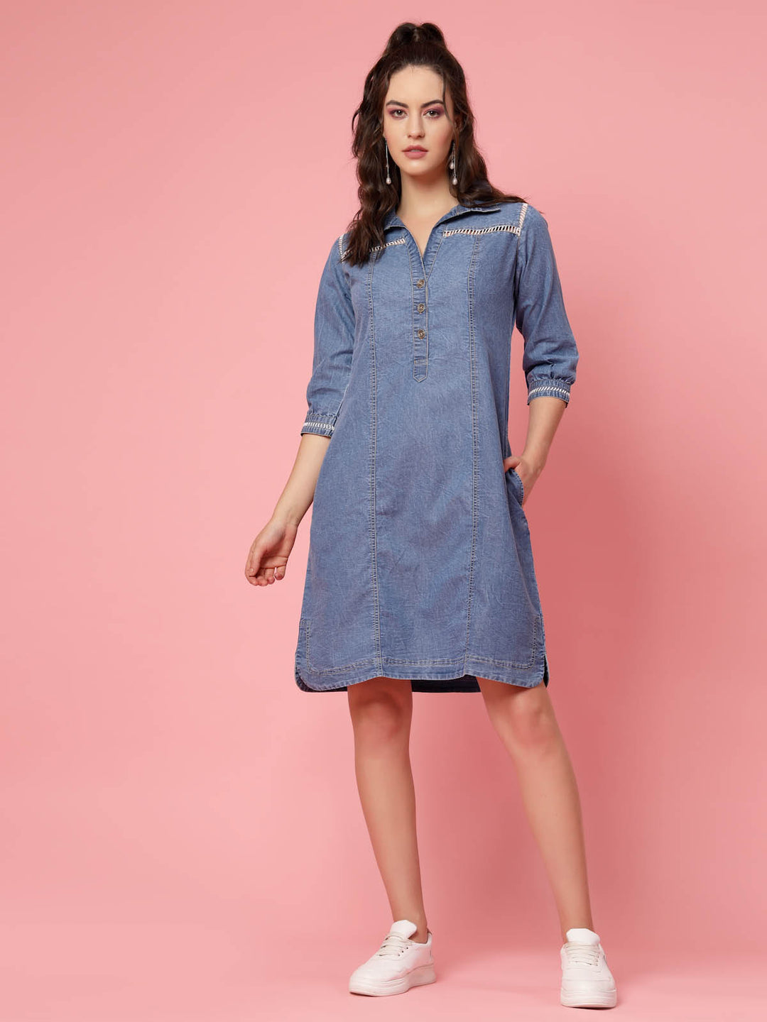 Blue Shirt Collar Denim Shirt Style Dress