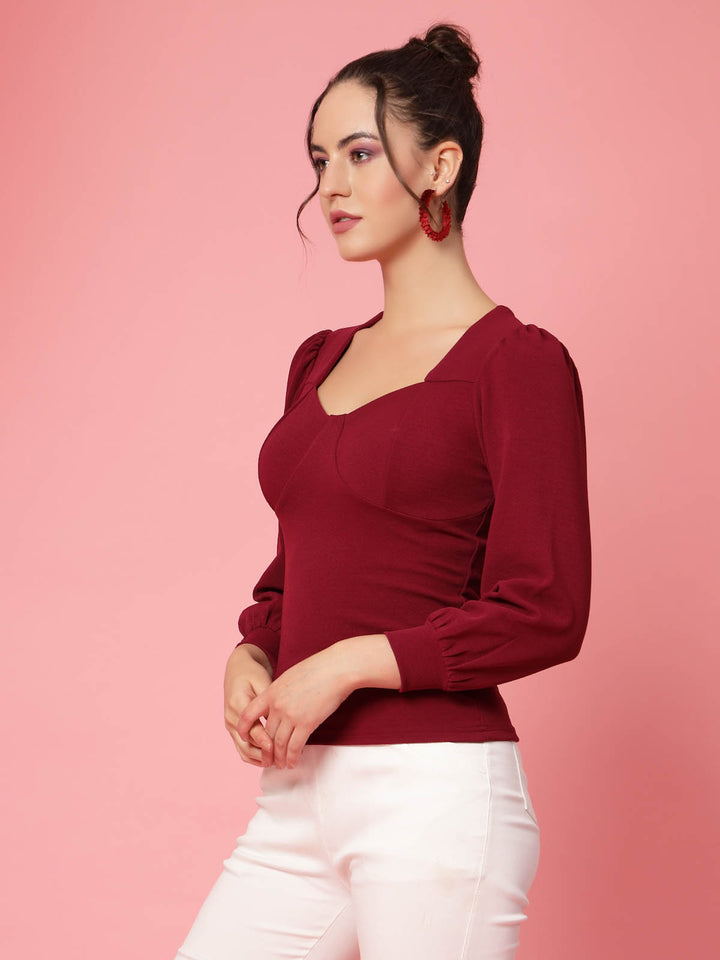 Maroon Cuffed Sleeves Fitted Top