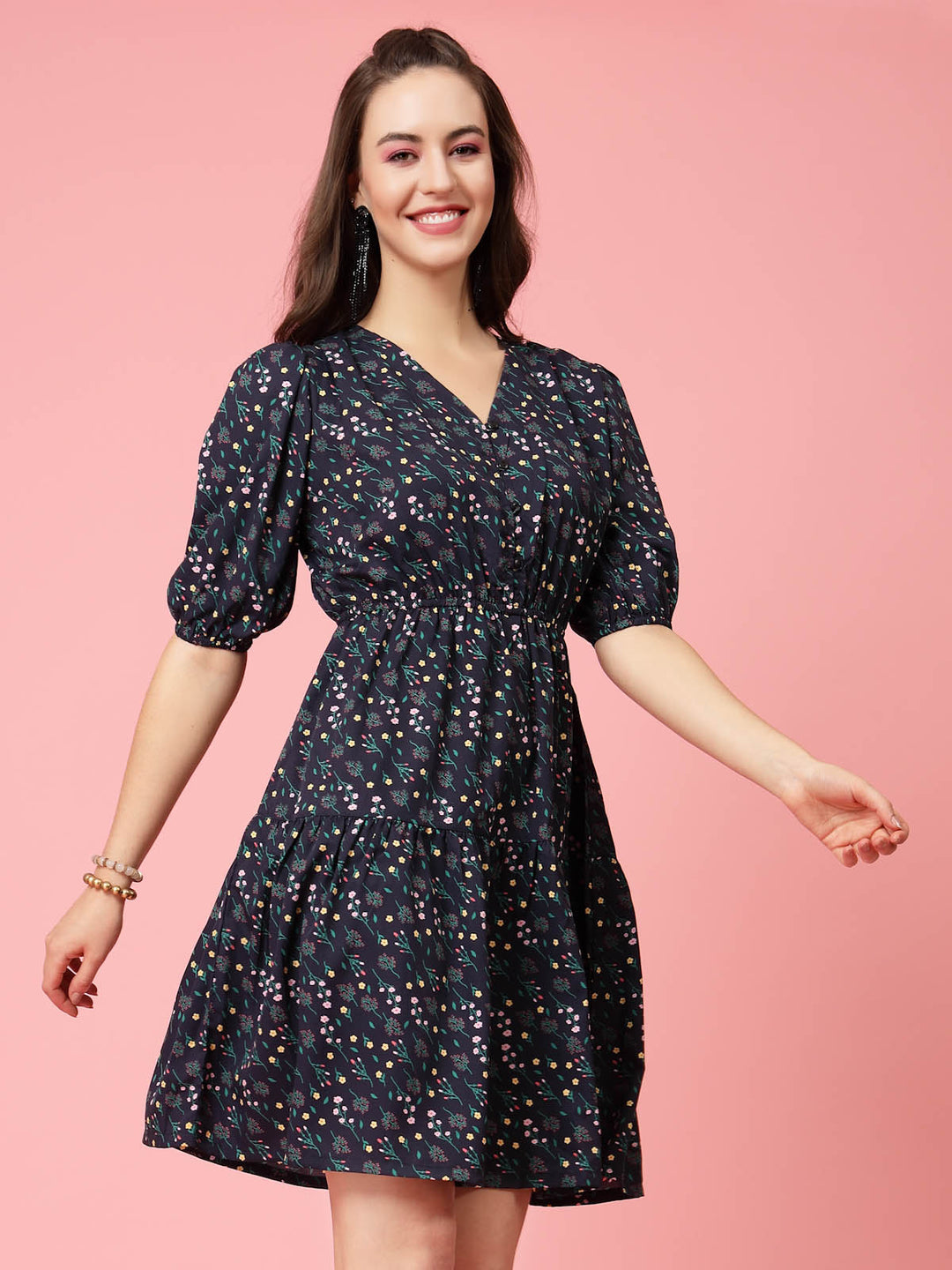 Black  Blue Floral Printed V-Neck Puff Sleeves Gathered A-Line Dress