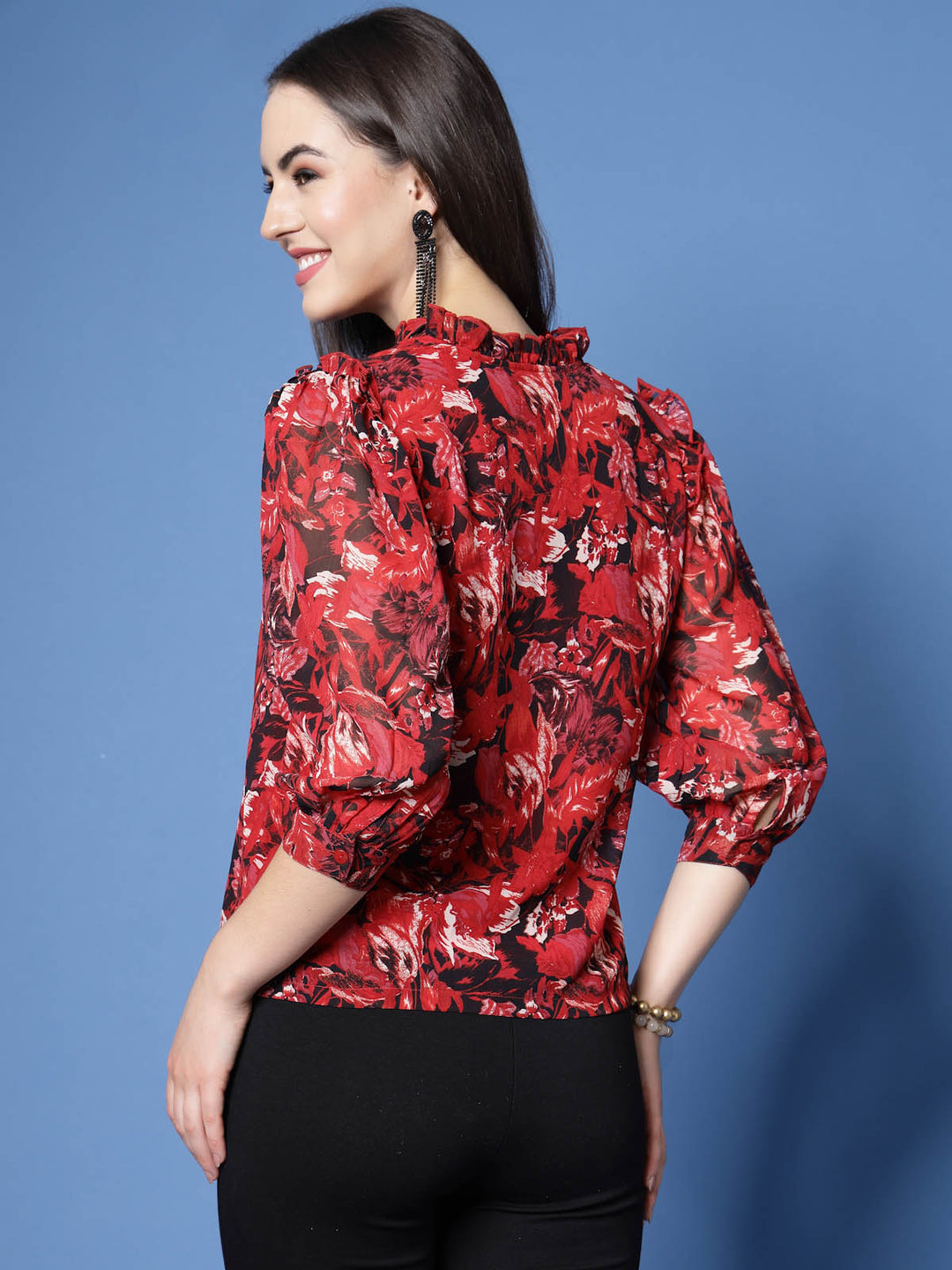 Red Floral Printed Mandarin Collar Ruffled Shirt Style Top