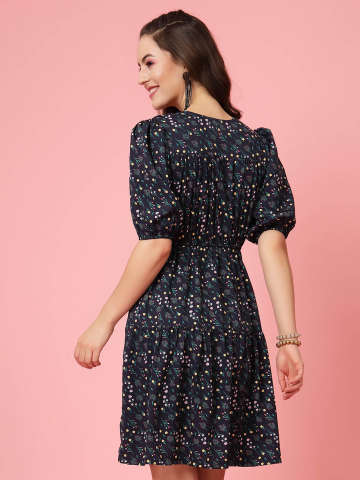 Black  Blue Floral Printed V-Neck Puff Sleeves Gathered A-Line Dress