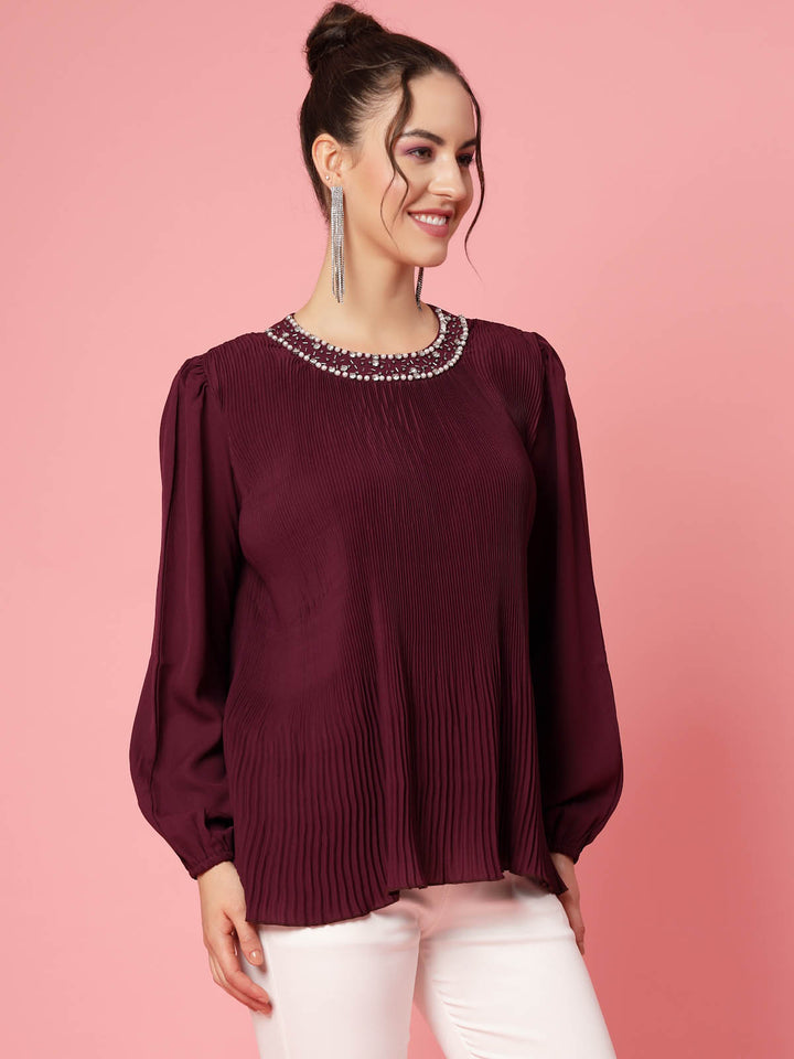 Burgundy Puff Sleeves Accordion Pleats Regular Top