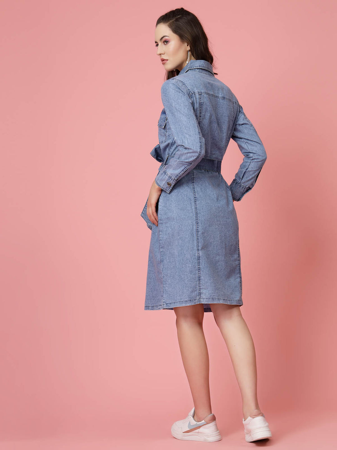 Blue Shirt Collar Belted Cotton Shirt Dress