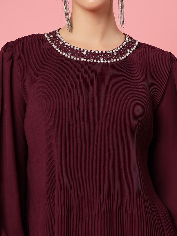 Burgundy Puff Sleeves Accordion Pleats Regular Top