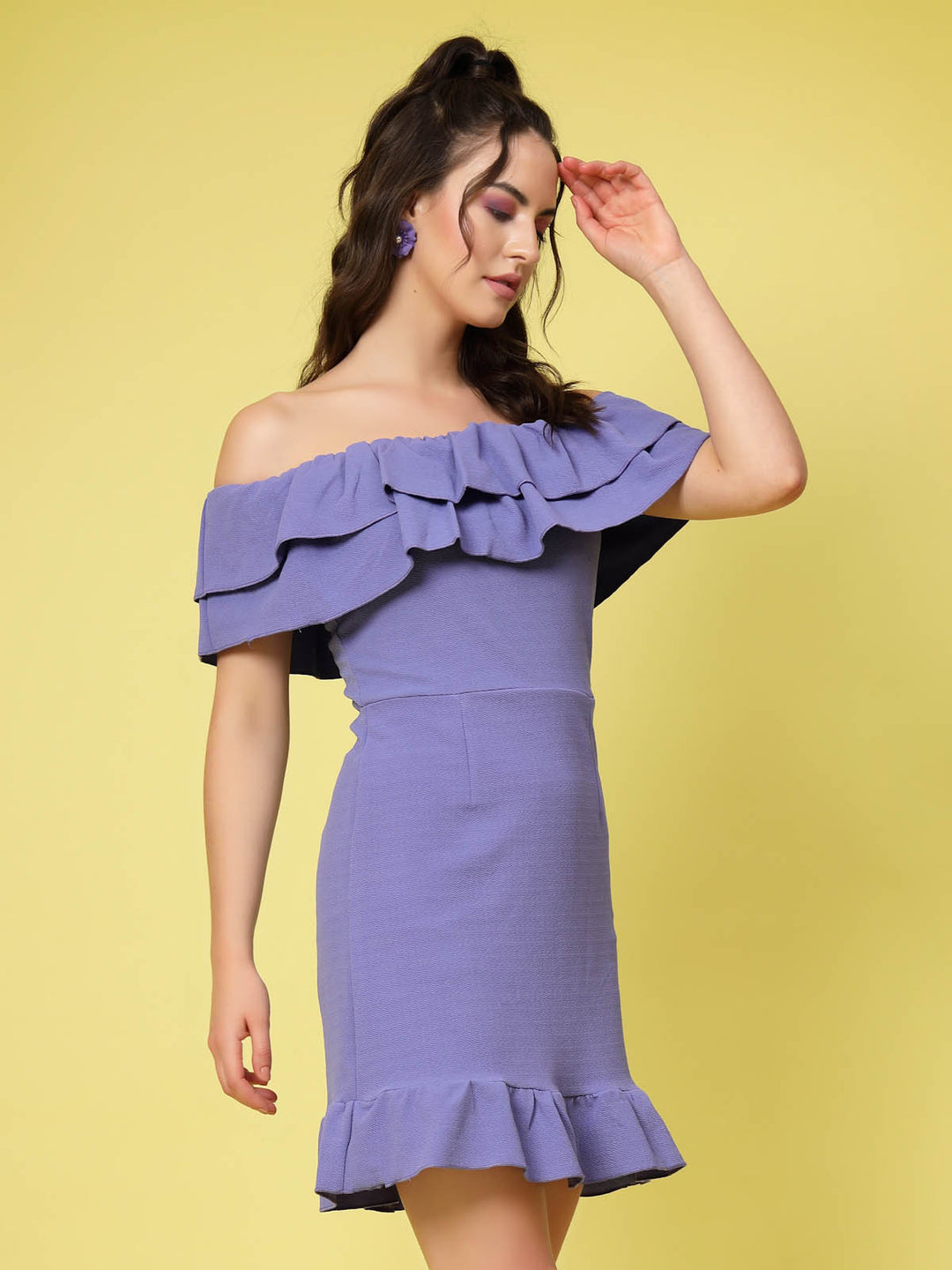 Purple Off-Shoulder Neck Ruffled Sheath Dress