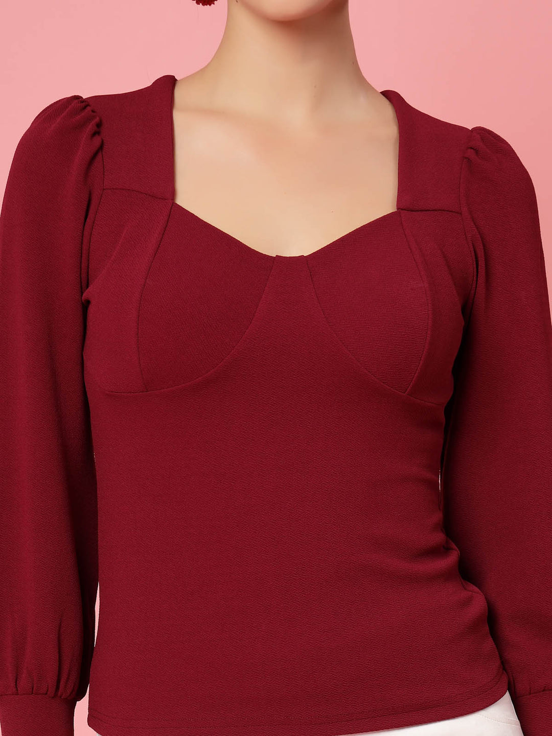 Maroon Cuffed Sleeves Fitted Top