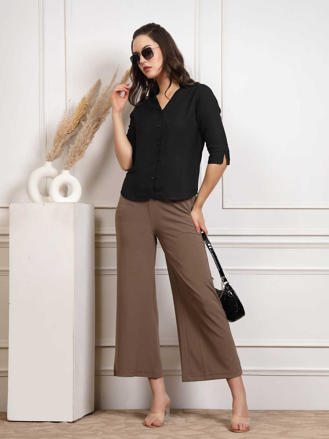 Brown Women Mid Rise Parallel Trousers