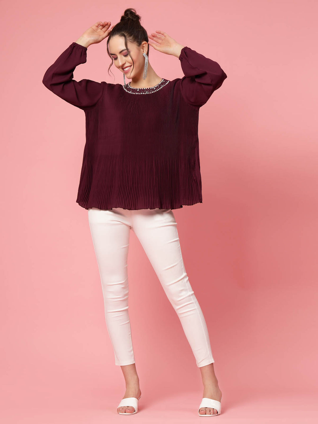 Burgundy Puff Sleeves Accordion Pleats Regular Top