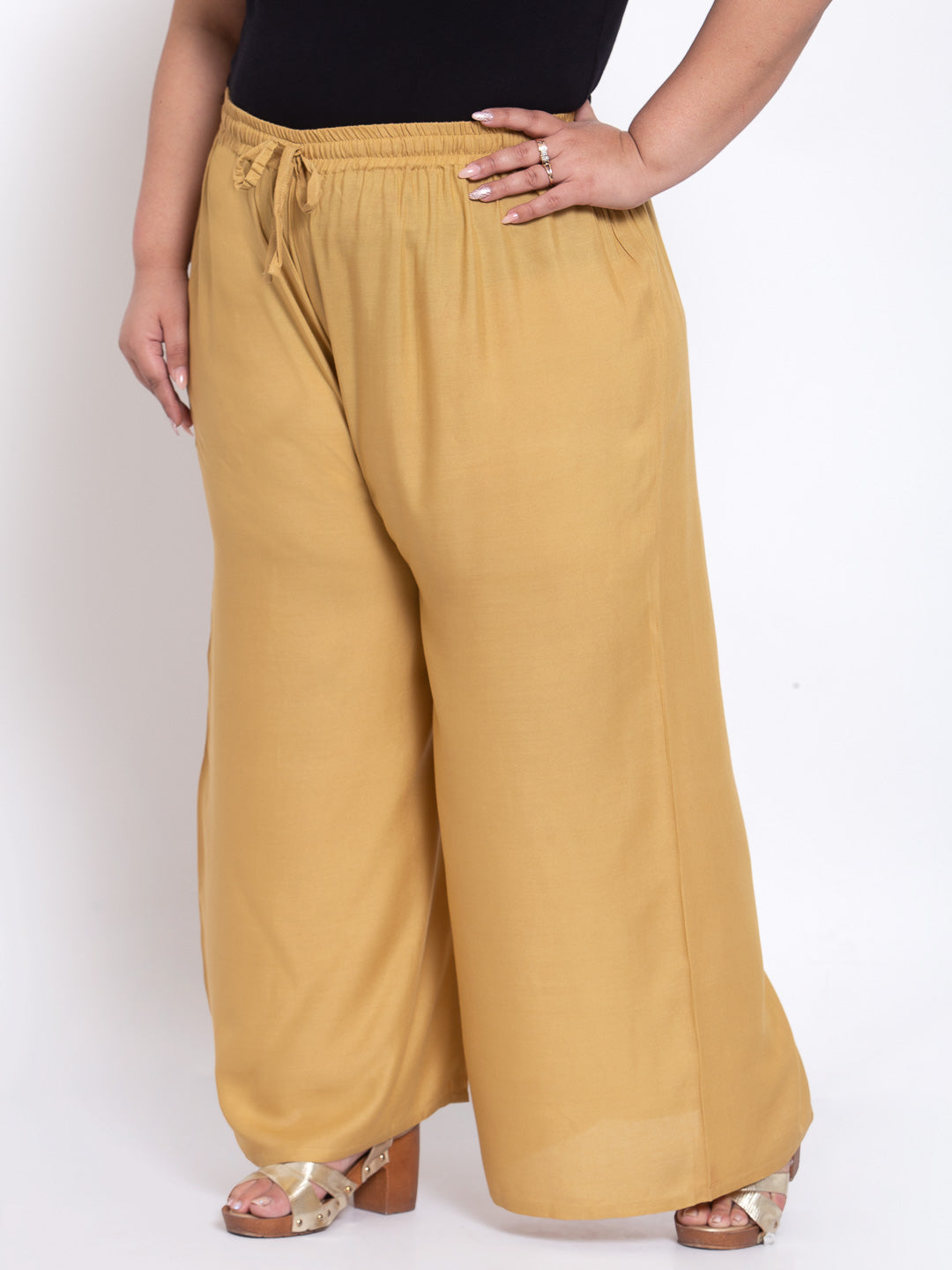 Plus Size Women Beige Solid  Wide Leg Cotton Palazzos