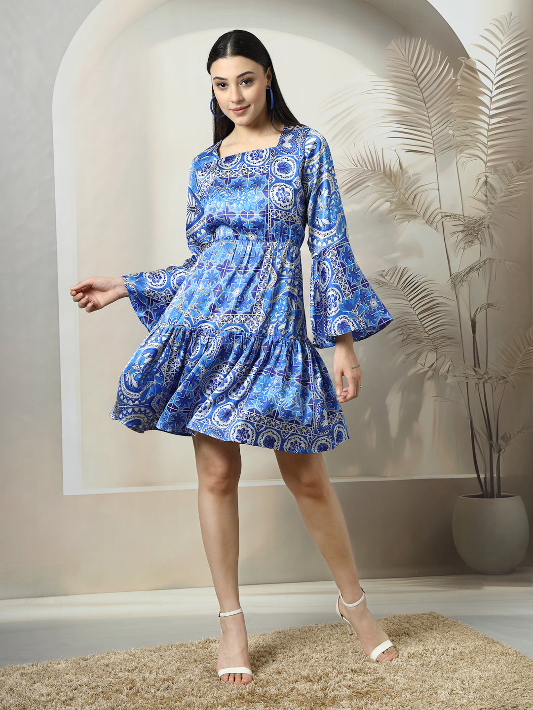 Floral Printed Bell Sleeves Fit & Flare Dress