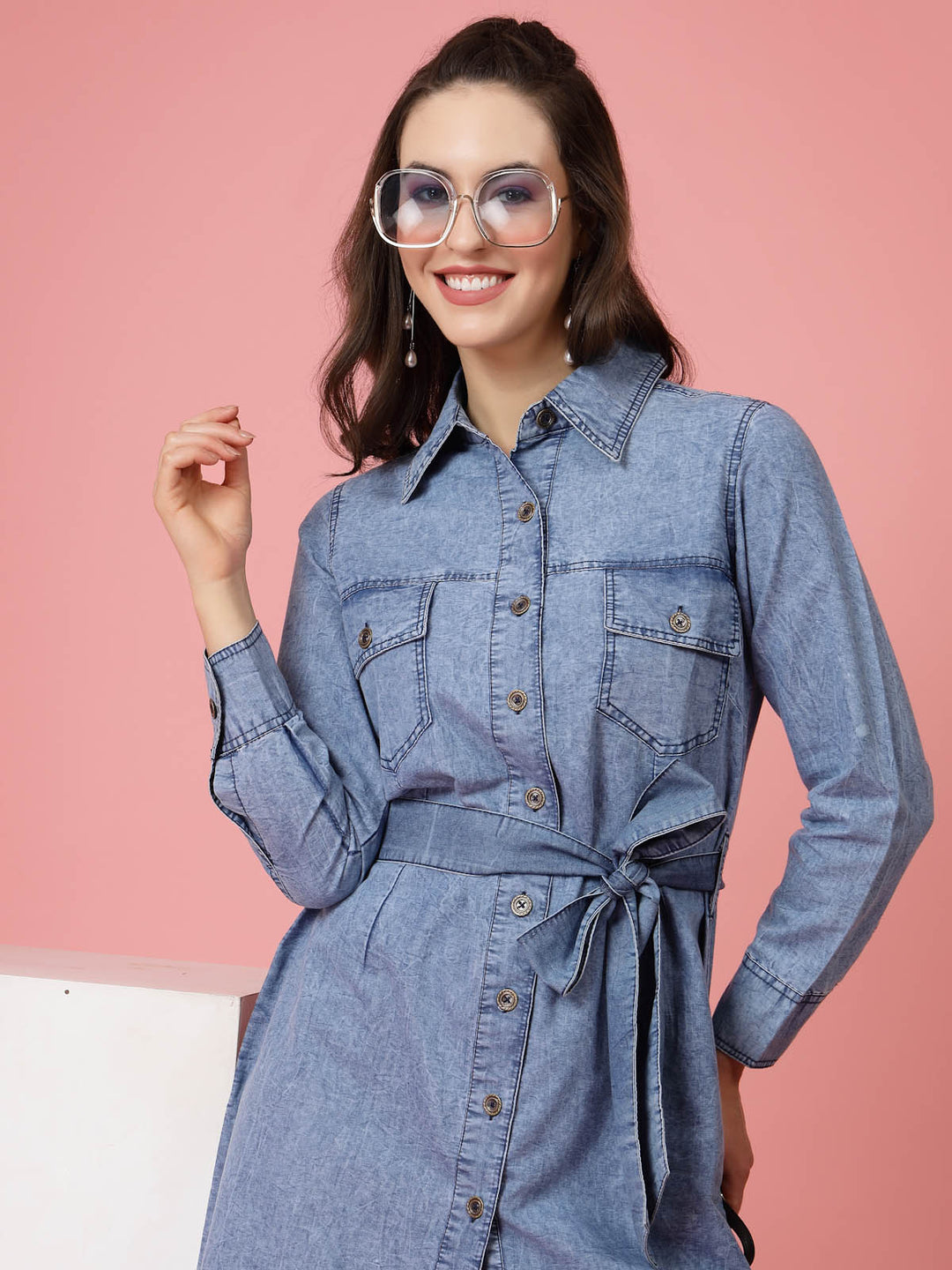 Blue Shirt Collar Belted Cotton Shirt Dress