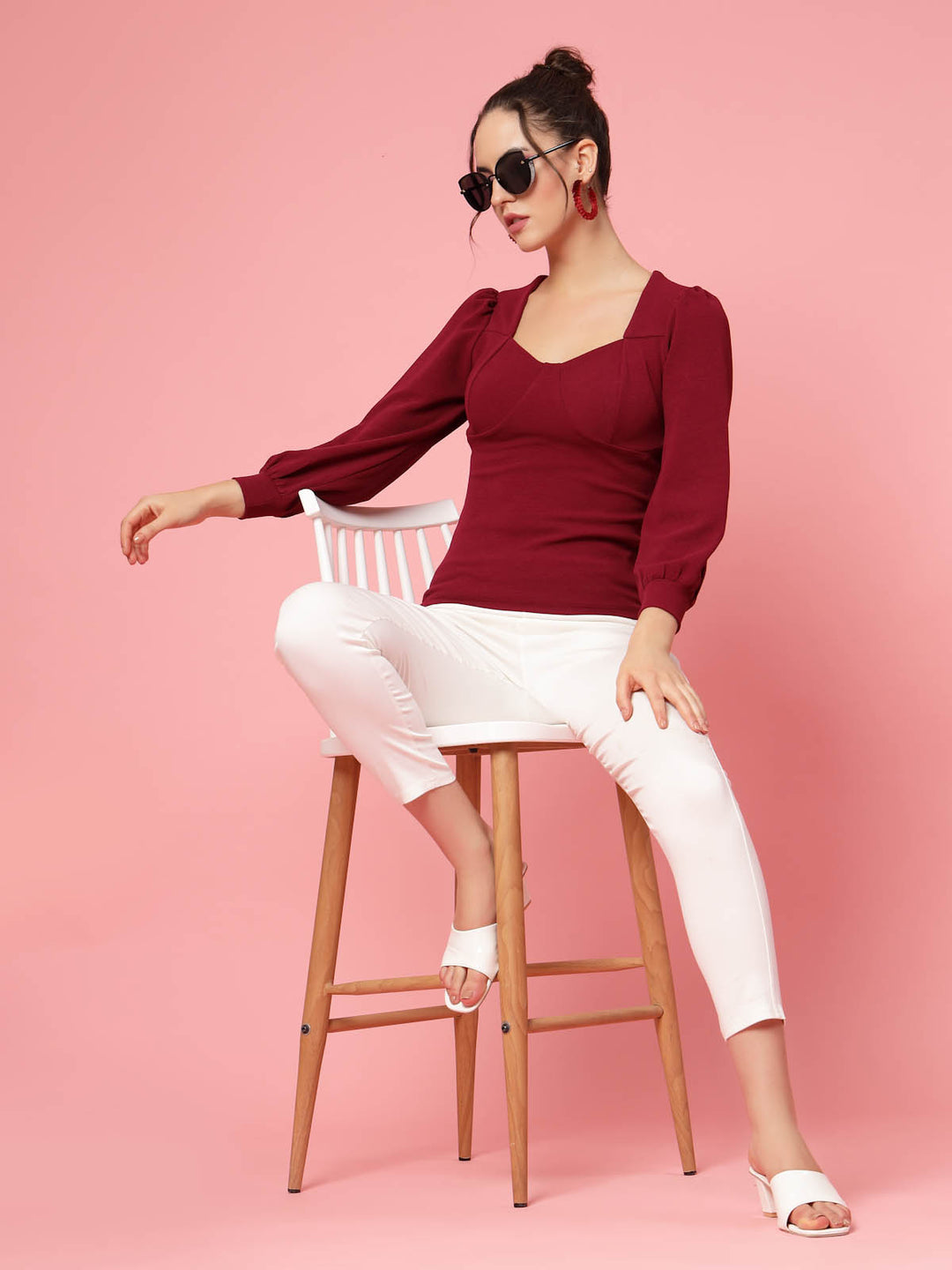 Maroon Cuffed Sleeves Fitted Top