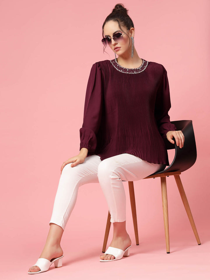 Burgundy Puff Sleeves Accordion Pleats Regular Top