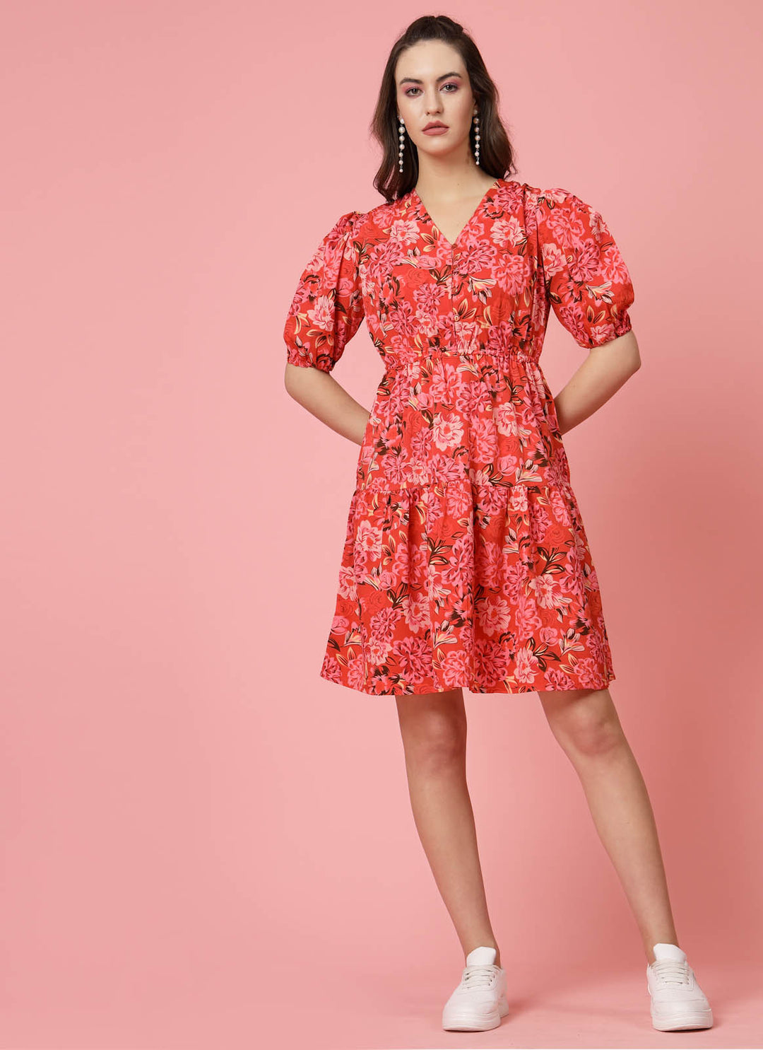 Pink Floral Printed V-Neck Puff Sleeves Gathered A-Line Dress