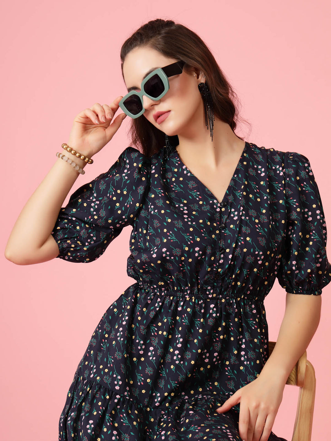 Black  Blue Floral Printed V-Neck Puff Sleeves Gathered A-Line Dress