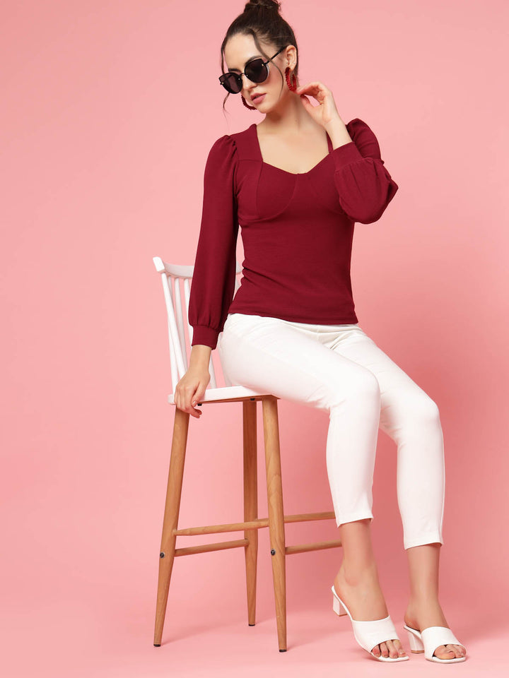 Maroon Cuffed Sleeves Fitted Top