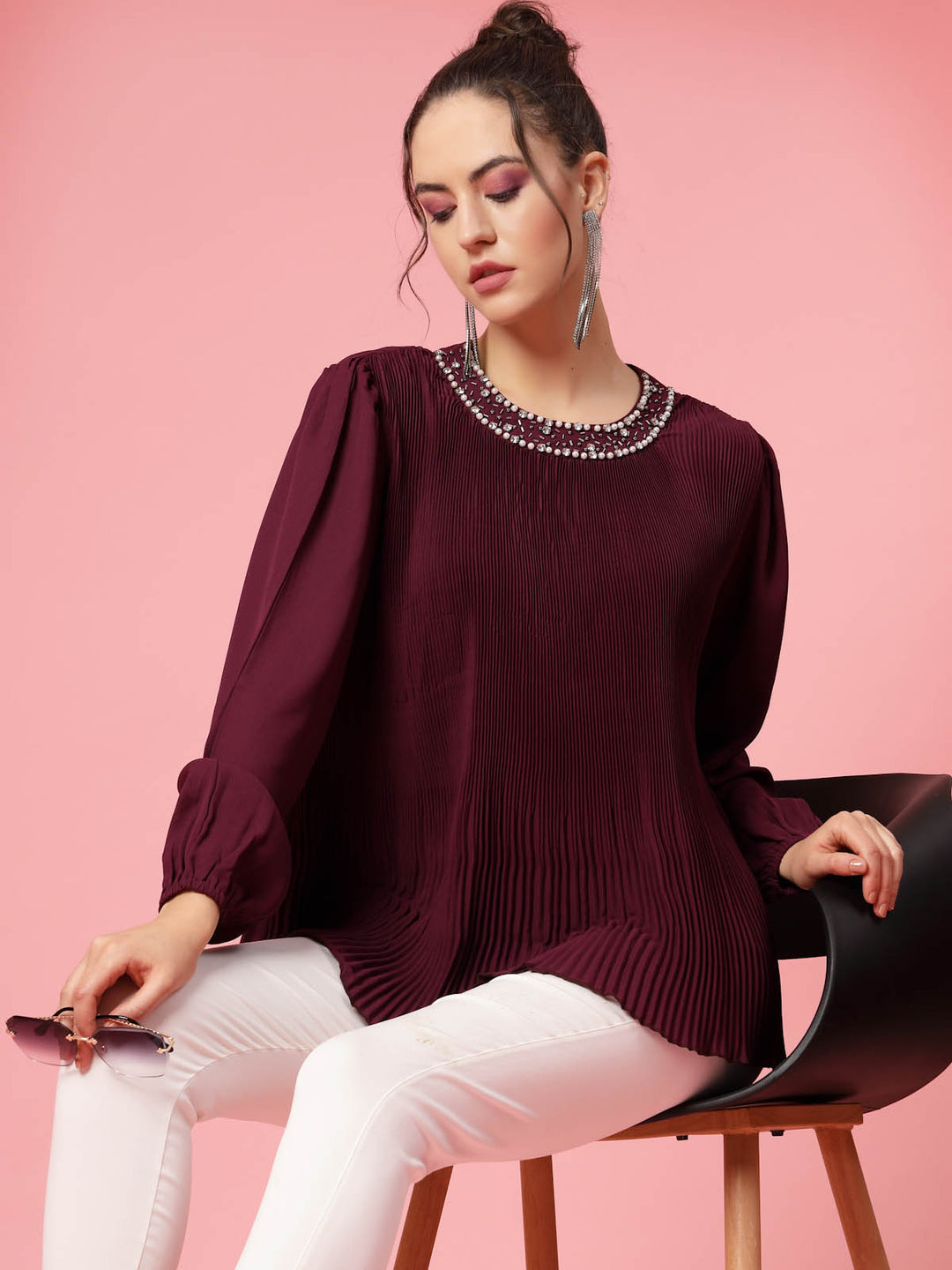 Burgundy Puff Sleeves Accordion Pleats Regular Top