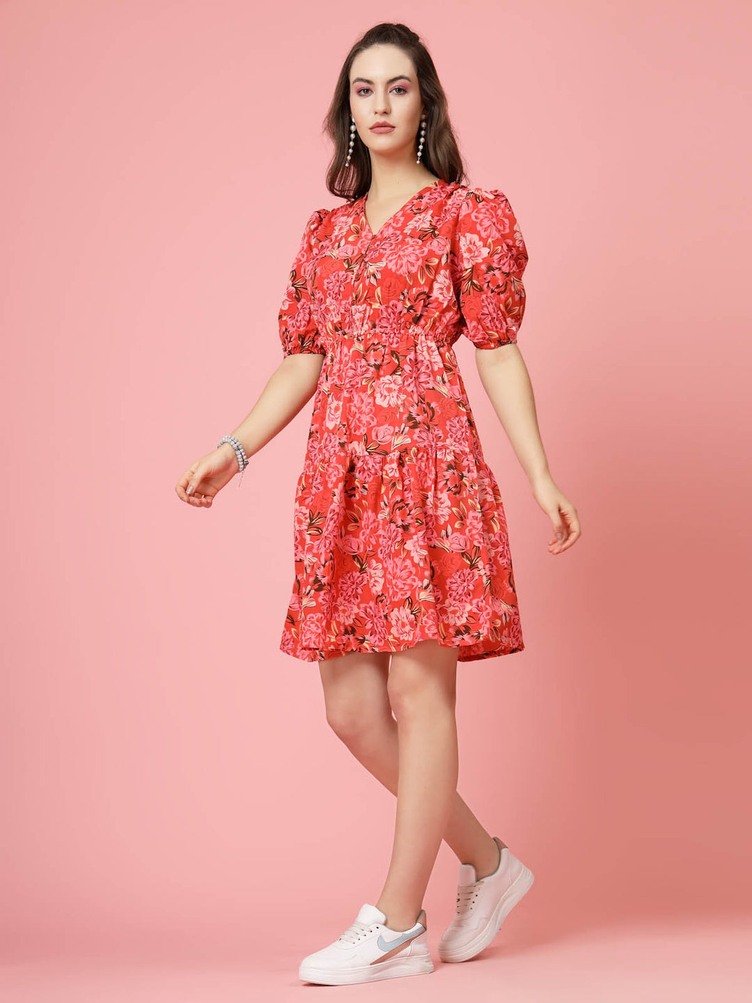 Pink Floral Printed V-Neck Puff Sleeves Gathered A-Line Dress