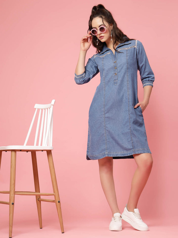 Blue Shirt Collar Denim Shirt Style Dress