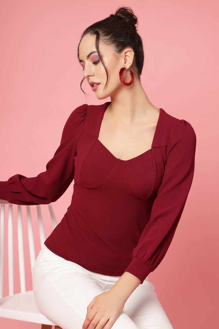 Maroon Cuffed Sleeves Fitted Top