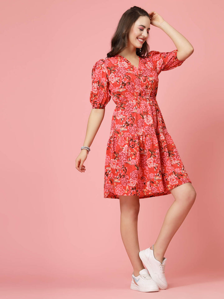 Pink Floral Printed V-Neck Puff Sleeves Gathered A-Line Dress