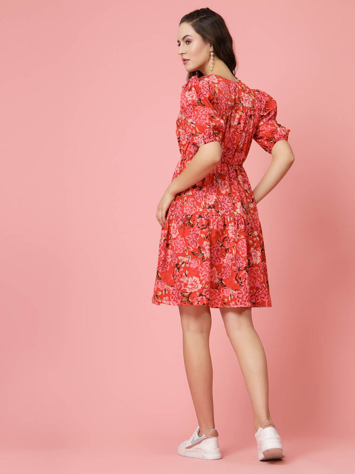 Pink Floral Printed V-Neck Puff Sleeves Gathered A-Line Dress